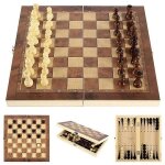 Jeu d'checs portable en bois 3 en 1, echiquier pliable, pour les activits familiales et festives