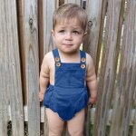 Joli body en denim pour bébés garçons et filles, barboteuse a bretelles a volants, couleur unie, eté Joli body en denim pour bébés garçons et filles, barboteuse a bretelles a volants, couleur unie, eté