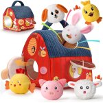 Jouet bebe 6 mois animaux de la ferme en peluche, jeux montessori avec grange, hochets, miroirs jouet ...
