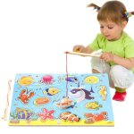 Jouet de p�che magn�tique en bois pour enfant, double tige, puzzle, jeux de poissons educatifs, planche ...