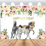 Joyeux anniversaire photo fond 2, 5x1, 8 m, trois pentium cheval fleurs colores feuilles 13e anniversaire ...