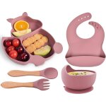 Kal - assiette bb set repas avec ventouse, lot de 5 silicone vaisselle enfant fille antiderapant bol ...