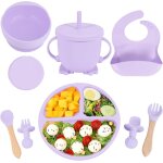 Kal - coffret repas bebe 8 pices, assiettes en silicone avec ventouse pour bb, bols, dossards, cuillres, ...
