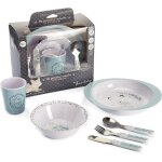 Kal - coffret vaisselle mlamine et couverts inox enfant, vert cladon - gris