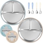 Kalanka - lot de 2 assiettes bébé acier inox + ventouse silicone & 2 cuillères et 2 fourchettes, set ... Kalanka - lot de 2 assiettes bébé acier inox + ventouse silicone & 2 cuillères et 2 fourchettes, set ...