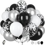 Kalanka - 30 pices ballons noir blancs, 12 pouces mtallique chrome argents confettis latex hlium ...