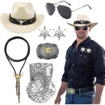 Kalanka - 7 pices westen cowboy costume set pour homme, blanc rtro kit d'accessoires de cowboy avec ...