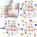 Kalanka - vaisselle de fte d'anniversaire blanc pour 16 invits, assiettes jetables happy birthday, ...
