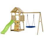 Kangui aire de jeux portique en bois woodi - double balan�oire et nid Ø100cm, toboggan, mur d'escalade, ...