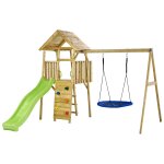 Kangui aire de jeux portique en bois woodi - double balan�oire et nid Ø100cm, toboggan, mur d'escalade, ...