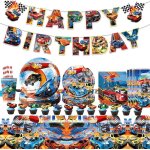 Letnerny - 96 pi�ces voiture anniversaire vaisselle, car vaisselle, couverts de f�te assiettes, gobelets ...