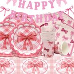 Letnerny - vaisselle de fête avec n?ud rose - set, 61pcs vaisselle d'anniversaire assiettes, tasses, ... Letnerny - vaisselle de fête avec n?ud rose - set, 61pcs vaisselle d'anniversaire assiettes, tasses, ...