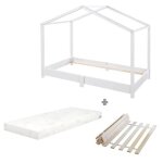 Lit cabane au sol 70 x 140 cm - roba - avec matelas roulé et sommier a lattes - blanc Lit cabane au sol 70 x 140 cm - roba - avec matelas roulé et sommier a lattes - blanc