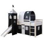 Lit mezzanine avec tunnel tour toboggan rideau pirate noir 90x200