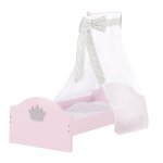 Lit de poup�e en bois sophie - roba - avec ciel de lit + couette et oreiller - rose / gris