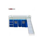 Lit simple blanc 90x200 en hauteur avec echelle et rideau bleu et toboggan Lit simple blanc 90x200 en hauteur avec echelle et rideau bleu et toboggan