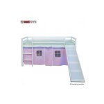 Lit simple blanc 90x200 en hauteur avec echelle et rideau rose et toboggan Lit simple blanc 90x200 en hauteur avec echelle et rideau rose et toboggan