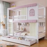 Lit superposé, lit d'enfant avec fenêtre et rideaux avec barrière de sécurité, etagères ouvertes, rampe ... Lit superposé, lit d'enfant avec fenêtre et rideaux avec barrière de sécurité, etagères ouvertes, rampe ...