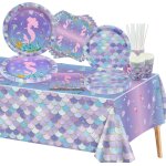 Lot de 101 dcorations d'anniversaire sirne ¿ assiettes de fte, serviettes, tasses a ecailles, nappe ...