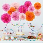 Lot de 12 eventails en papier - orange - pompons - fleurs roses - pêche - guirlande de fleurs suspendues ... Lot de 12 eventails en papier - orange - pompons - fleurs roses - pêche - guirlande de fleurs suspendues ...