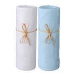 Lot de 2 draps housse b�b� 60x120 cm - blanc / bleu - 100% jersey bio
