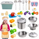 Lot de 25 jouets cuisine en acier inoxydable avec casseroles et poles, ustensiles de cuisine, tablier ...