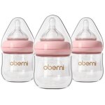 Lot de 3 biberons anti - coliques en verre rose 120 ml, verre borosilicat� haute qualit�, t�tine silicone ...