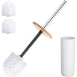 Lot de 3 brosses de toilette en plastique de bambou avec seau de rangement, 3 t�tes de brosse pour accessoires ...