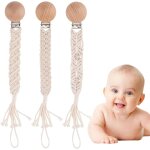 Lot de 3 clips a tétine avec pinces en bois, porte - tétine, coton tressé, fête prénatale, fabriqués ... Lot de 3 clips a tétine avec pinces en bois, porte - tétine, coton tressé, fête prénatale, fabriqués ...