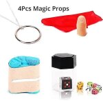 Lot de 4 accessoires magiques, anneau magique, main, charpe, lotus, pouce disparaissant, explosion, ...