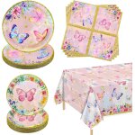 Lot de 61 dcorations d'anniversaire en forme de papillon rose - assiettes, serviettes et nappe a fleurs ...