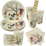 Lot de 64 couverts de fte d'animaux de la fort - dcoration d'anniversaire - avec assiettes, serviettes, ...