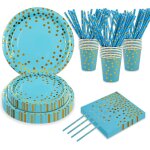 Lot de 80 pices de vaisselle de fte d'anniversaire - bleu a pois dors - dcoration de lave - vaisselle ...