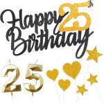 Lot de 9 dcorations de gteau d'anniversaire personnalises noires et dores avec numro 25 et bougies ...
