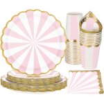 Lot de 96 pices de vaisselle de fte a rayures roses et blanches sur le thme du cirque - accessoires ...