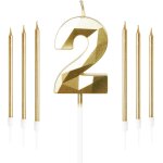 Lot de bougies dores en forme de chiffre 2 avec longues bougies dores, bougies d'anniversaire pour ...