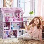 Maison de poupée en bois - costway - 13 accessoires - 3 etages - rose Maison de poupée en bois - costway - 13 accessoires - 3 etages - rose