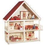 Maison de poupée en bois naturel roba - toit a pignon rouge - 3 etages - 4 poupées et meubles miniatures ... Maison de poupée en bois naturel roba - toit a pignon rouge - 3 etages - 4 poupées et meubles miniatures ...