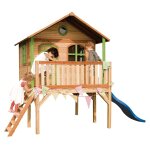 Maisonnette enfant avec toboggan bleu, bois fsc, marron / vert