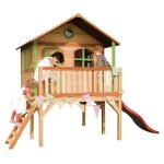 Maisonnette enfant avec toboggan rouge, bois fsc, marron / vert