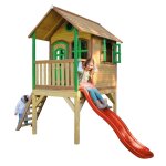 Maisonnette enfant avec toboggan rouge, bois fsc, marron / vert