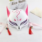 Masque de renard anime peint  la main, demi - visage de chat avec glands, cloche, mascarade d'halloween, ...