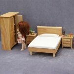 Meubles de chambre a coucher en bois miniatures, 4 pices, lit double, table de nuit et armoire 1:12, ...