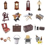 Mini panier de fruits a balai, bo�te a bagages, chaise en bois vintage, cloche romaine, roue tournante, ...