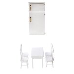 Mini r�frig�rateur en bois 1 / 12, ensemble de chaises de table, fournitures de d�cor de sc�ne de vie ...