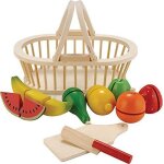 New classic toys - 0588 - jeu d'imitation - cuisine - fruits a d�couper - panier en bois - 9 pi�ces