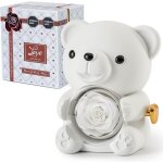 Ours en rose blanc avec rose eternelle - fleurs r�elles et collier en forme de c?ur - coffret gris el�gant ...