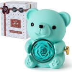 Ours en rose bleu clair avec rose eternelle - fleurs r�elles et collier en forme de c?ur - coffret gris ...