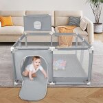 Parc bebe modulable, 126 x 126 cm, pliable, equipe d'un panier de basket et de 50 ballons, gris fonce. ...