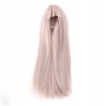 Perruque de poupe a cheveux longs et raides avec frange gris clair et rose